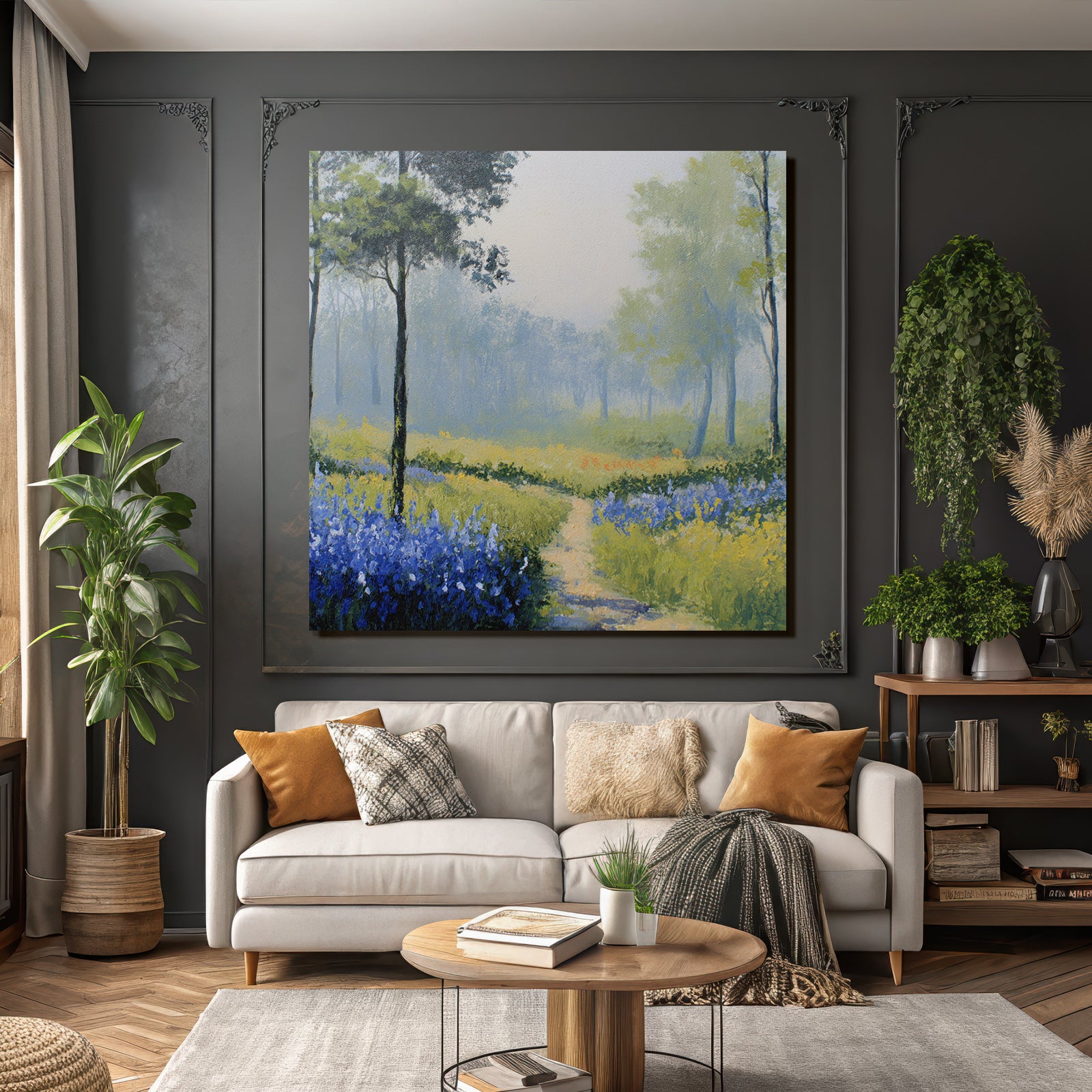 Waldweg Im Morgennebel Mit Bunten Blumen