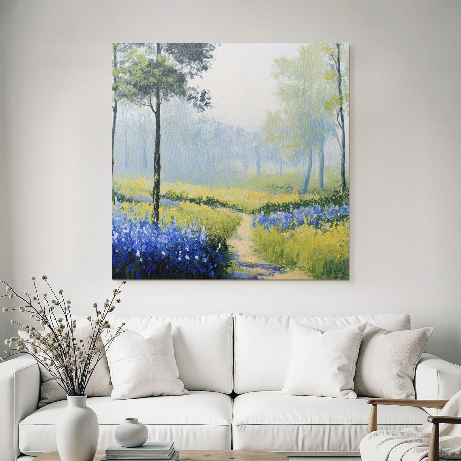 Waldweg Im Morgennebel Mit Bunten Blumen