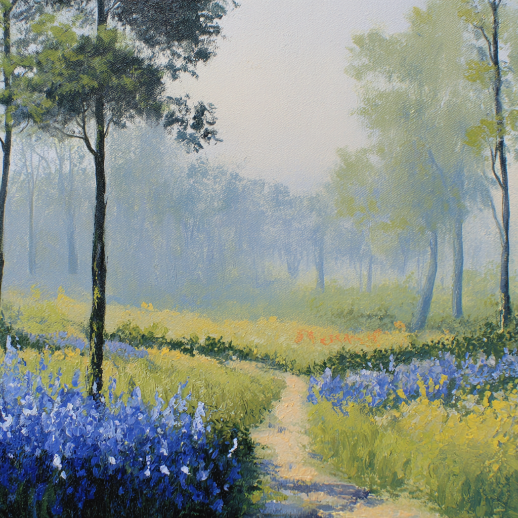 Waldweg Im Morgennebel Mit Bunten Blumen | Impressionismus | Stilrichtungen