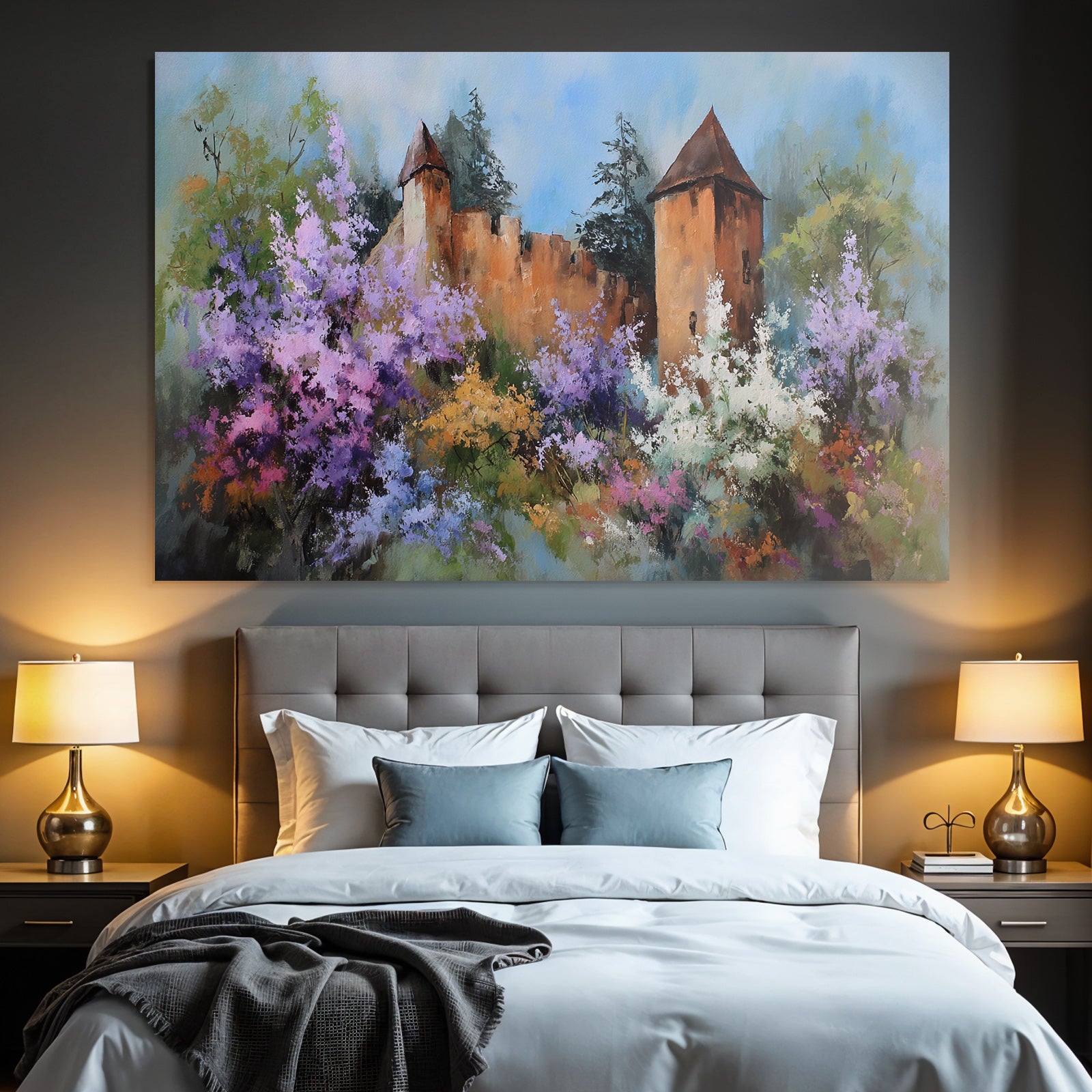 Friedliche Impressionistische Landschaft Mit Zweiturm Burg Und Blumenpracht