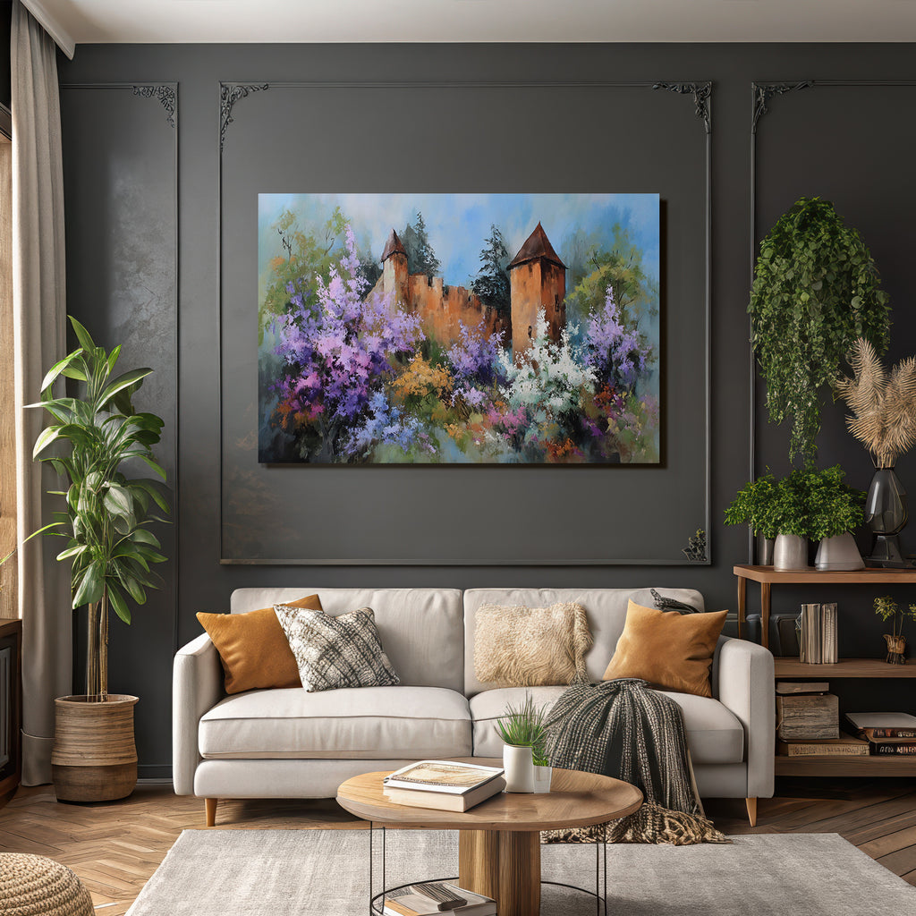 Friedliche Impressionistische Landschaft Mit Zweiturm Burg Und Blumenpracht