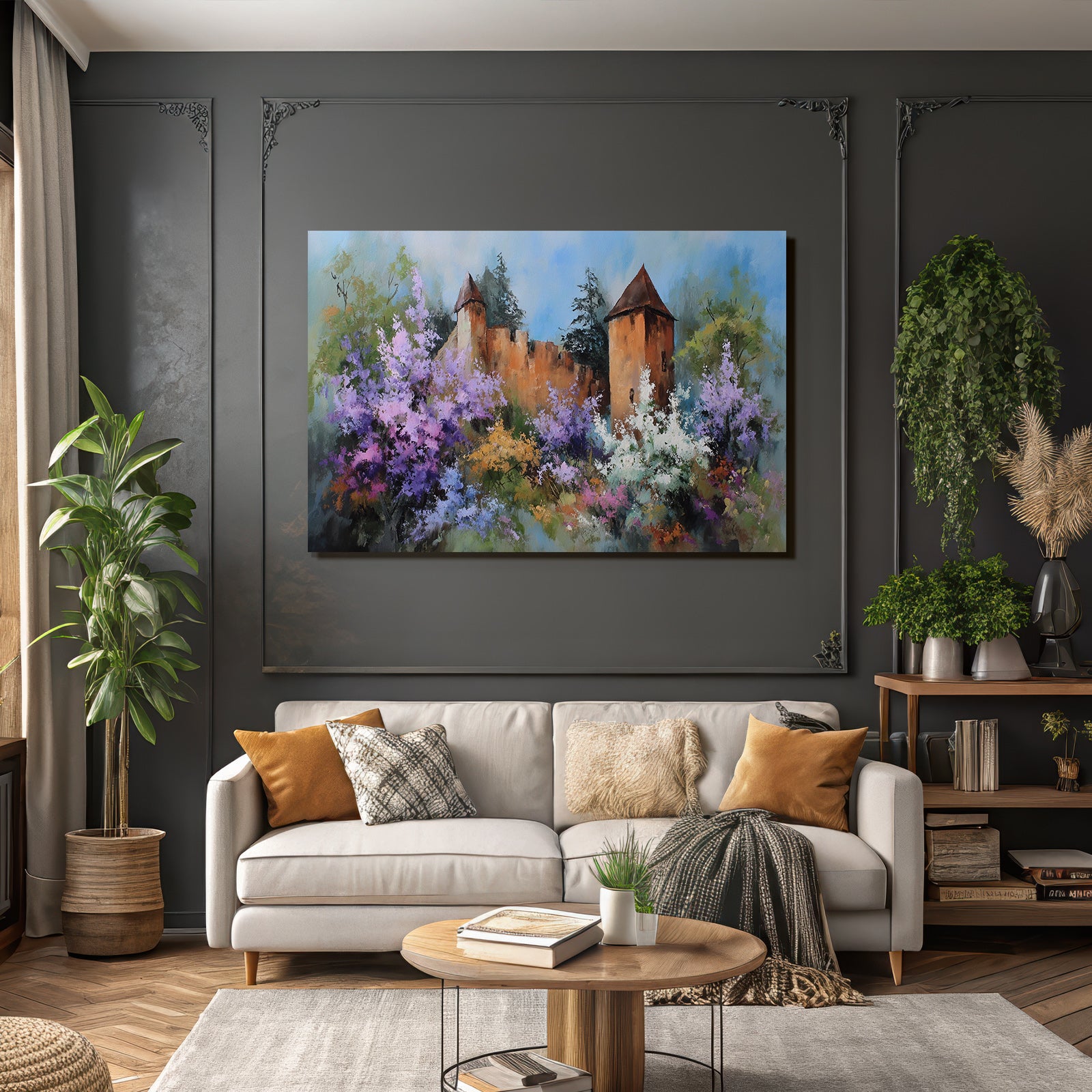Friedliche Impressionistische Landschaft Mit Zweiturm Burg Und Blumenpracht