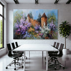 Friedliche Impressionistische Landschaft Mit Zweiturm Burg Und Blumenpracht