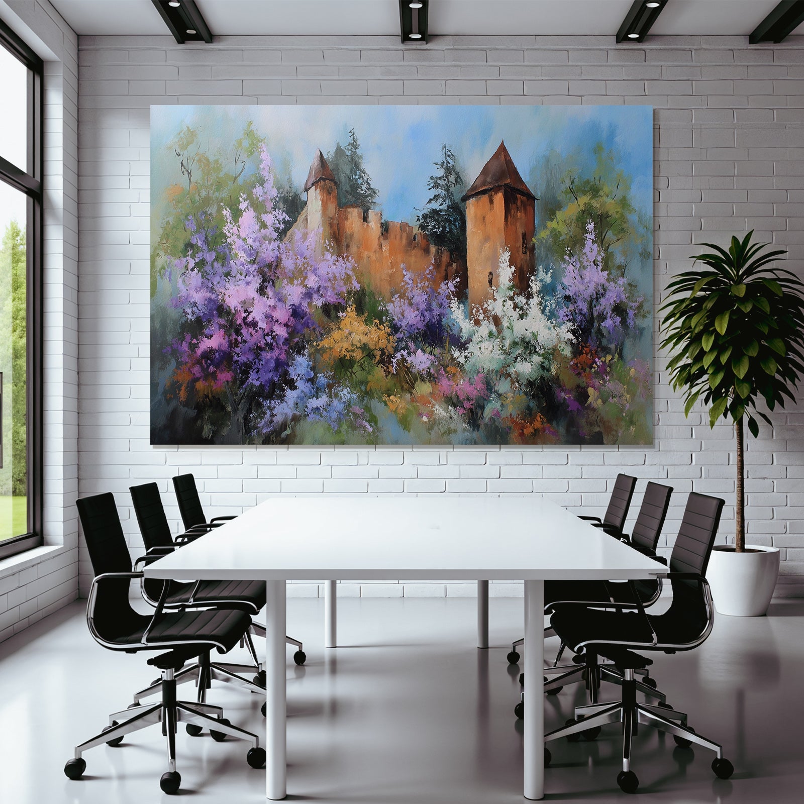 Friedliche Impressionistische Landschaft Mit Zweiturm Burg Und Blumenpracht