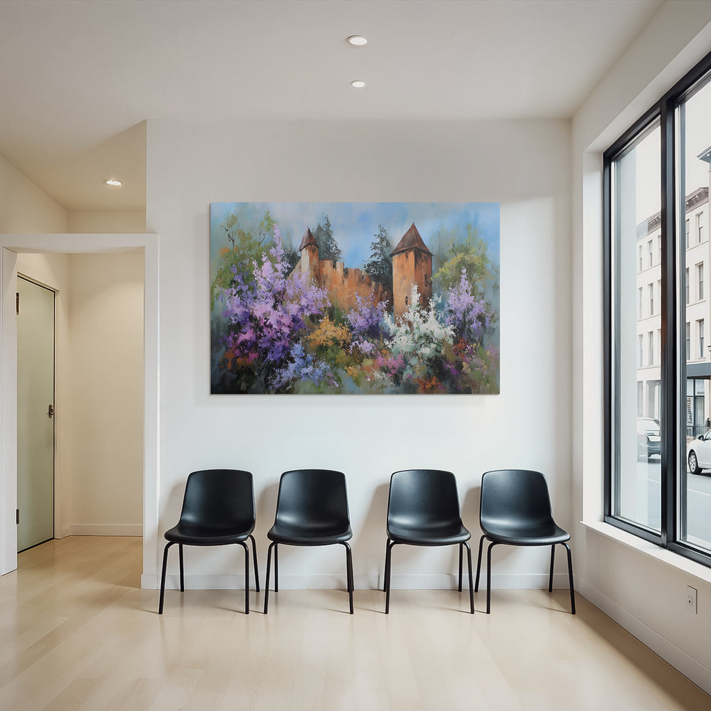 Friedliche Impressionistische Landschaft Mit Zweiturm Burg Und Blumenpracht