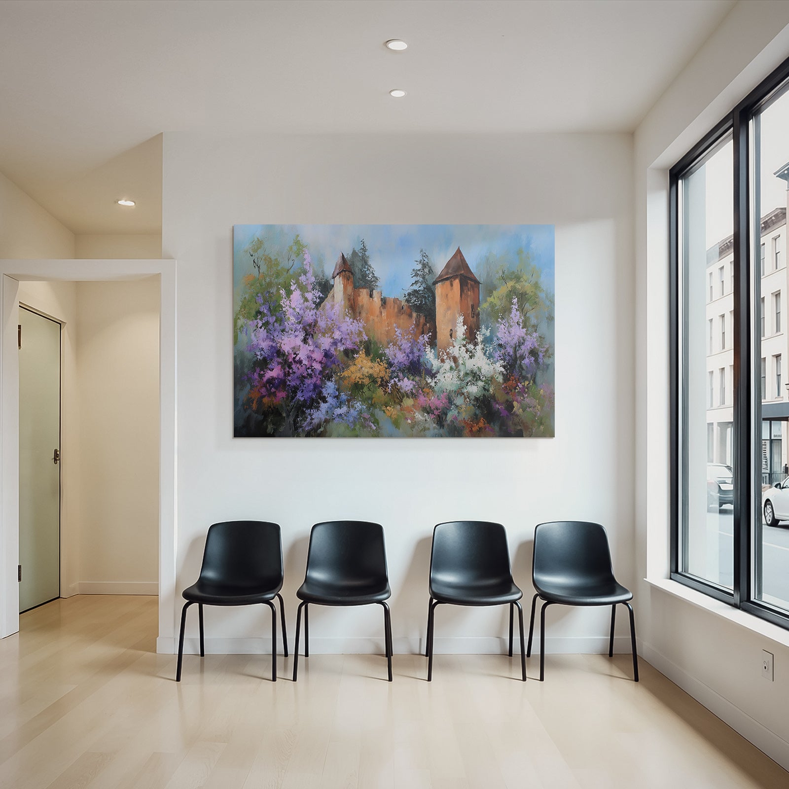 Friedliche Impressionistische Landschaft Mit Zweiturm Burg Und Blumenpracht