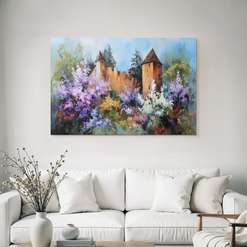 Friedliche Impressionistische Landschaft Mit Zweiturm Burg Und Blumenpracht