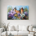 Friedliche Impressionistische Landschaft Mit Zweiturm Burg Und Blumenpracht
