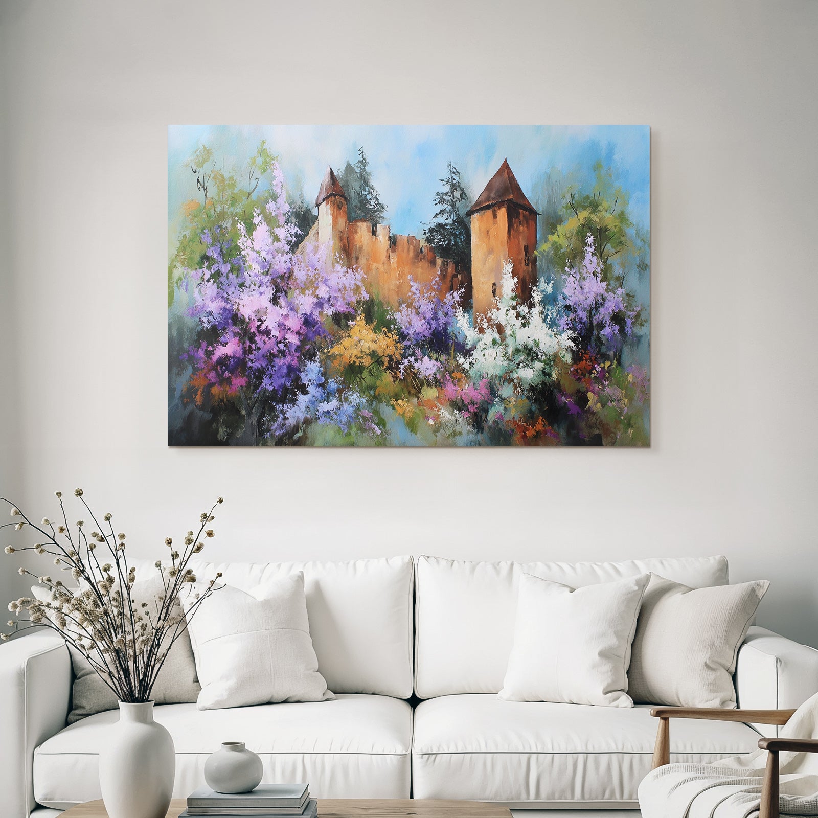Friedliche Impressionistische Landschaft Mit Zweiturm Burg Und Blumenpracht