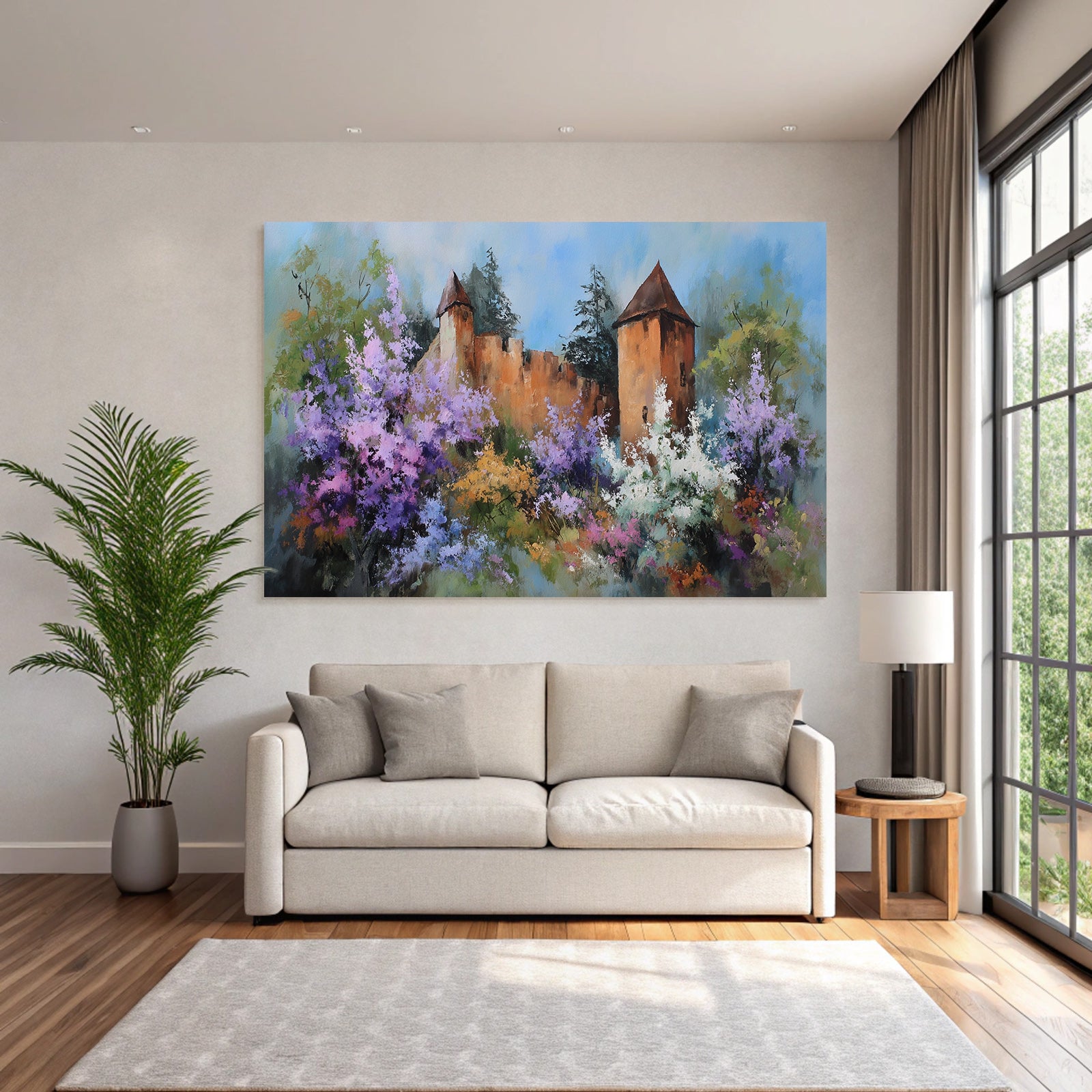 Friedliche Impressionistische Landschaft Mit Zweiturm Burg Und Blumenpracht