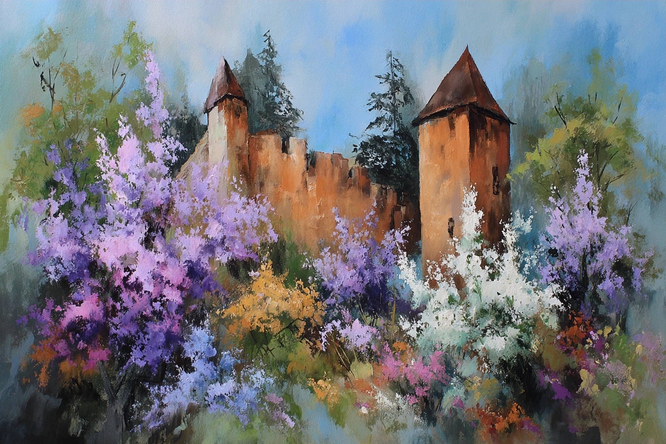 Friedliche Impressionistische Landschaft Mit Zweiturm Burg Und Blumenpracht | Impressionismus | Stilrichtungen