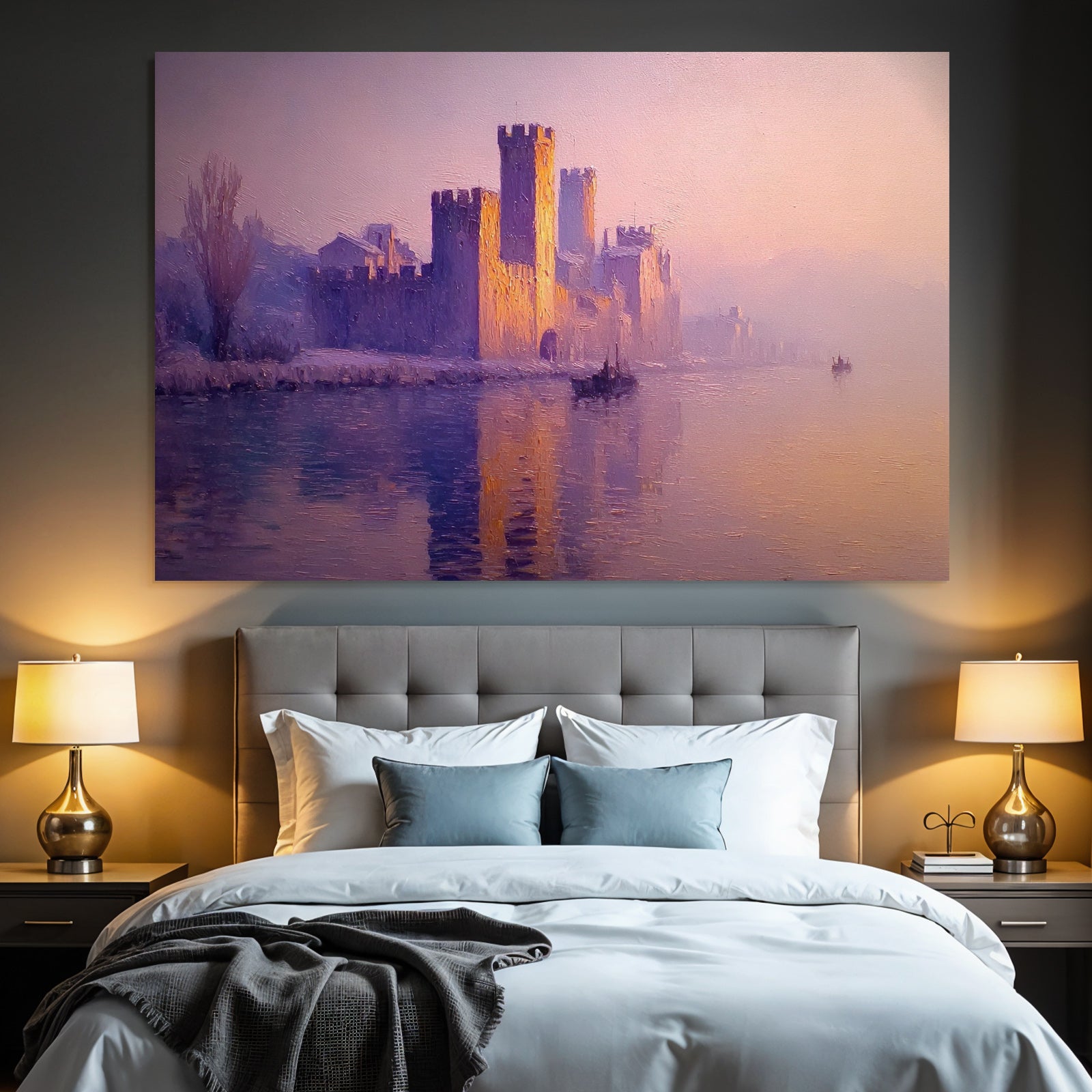 Friedliche Landschaft Mit Burg Am Wasser Im Sanften Sonnenuntergang