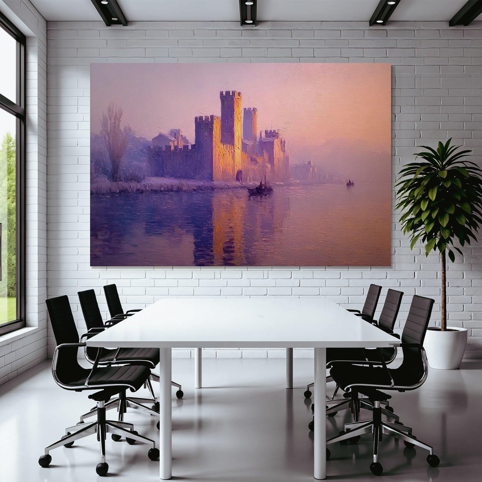 Friedliche Landschaft Mit Burg Am Wasser Im Sanften Sonnenuntergang
