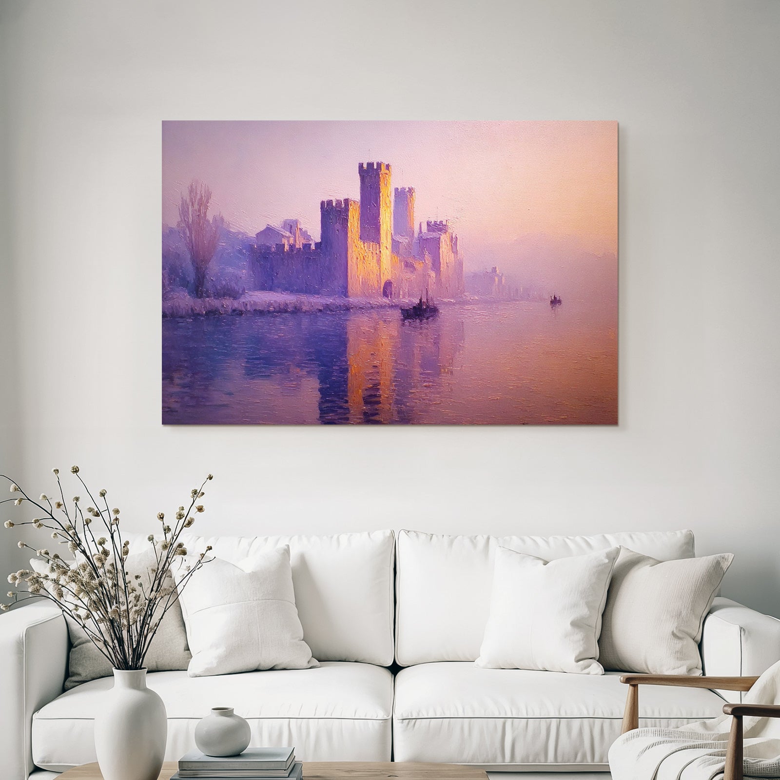 Friedliche Landschaft Mit Burg Am Wasser Im Sanften Sonnenuntergang
