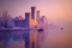 Friedliche Landschaft Mit Burg Am Wasser Im Sanften Sonnenuntergang | Impressionismus | Stilrichtungen