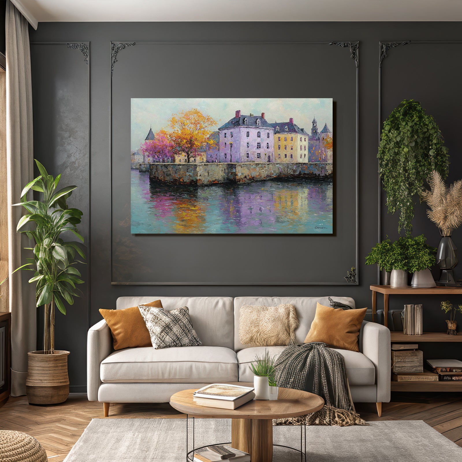 Herbstliche Uferlandschaft Mit Bunten Haeusern Und Wasserreflexionen