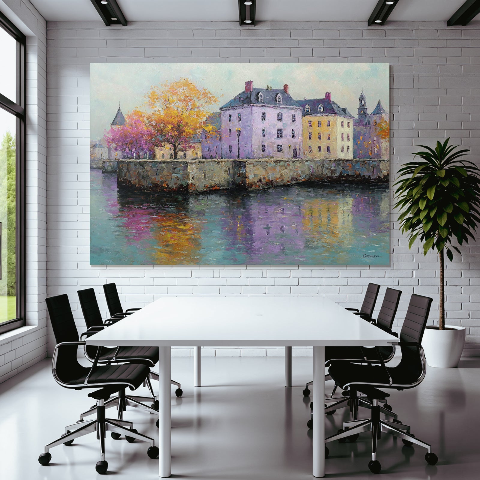 Herbstliche Uferlandschaft Mit Bunten Haeusern Und Wasserreflexionen