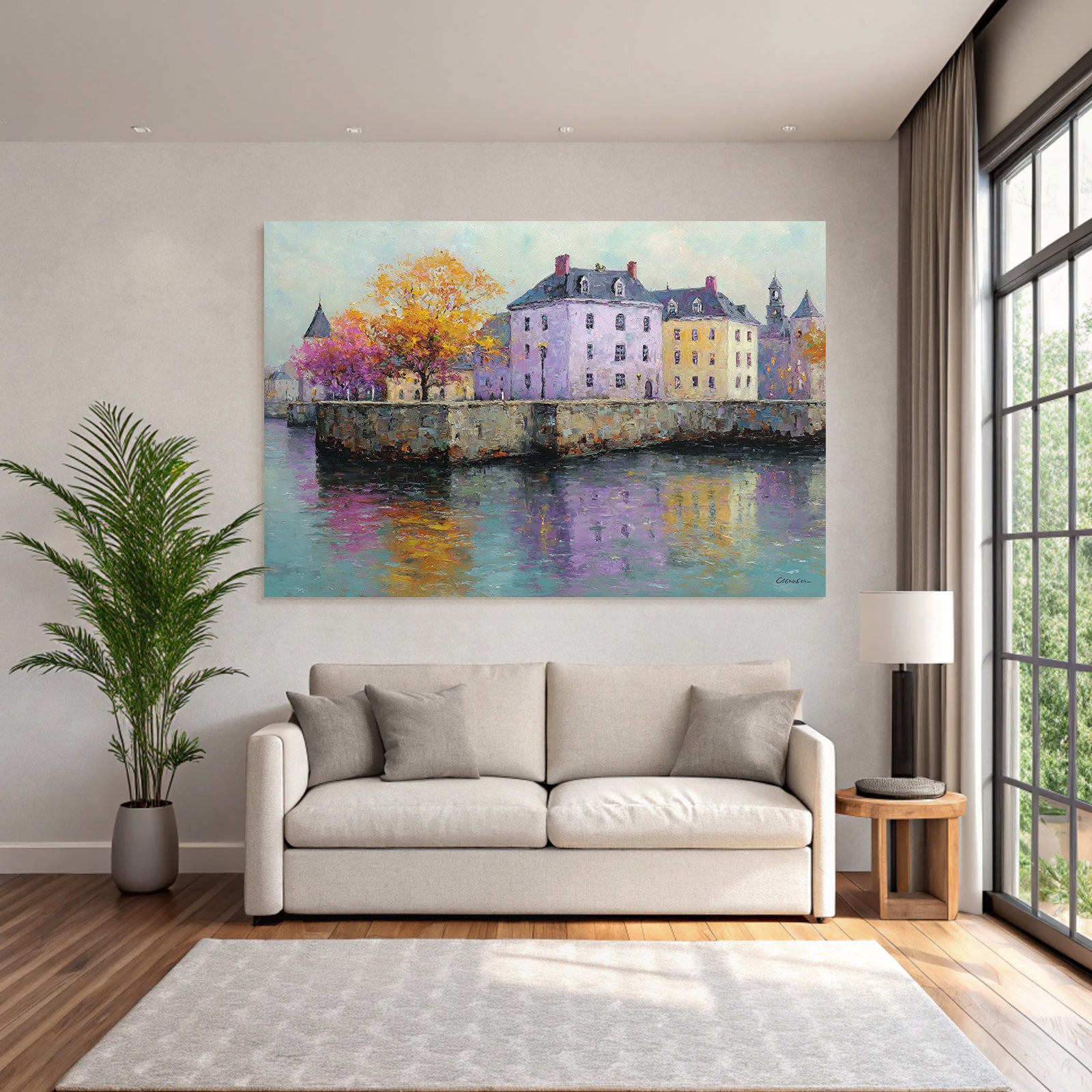 Herbstliche Uferlandschaft Mit Bunten Haeusern Und Wasserreflexionen