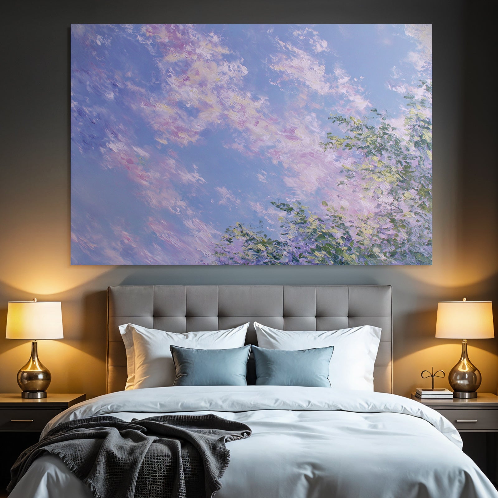 Impressionistische Landschaft Mit Zarten Pastellwolken Und Grasfläche