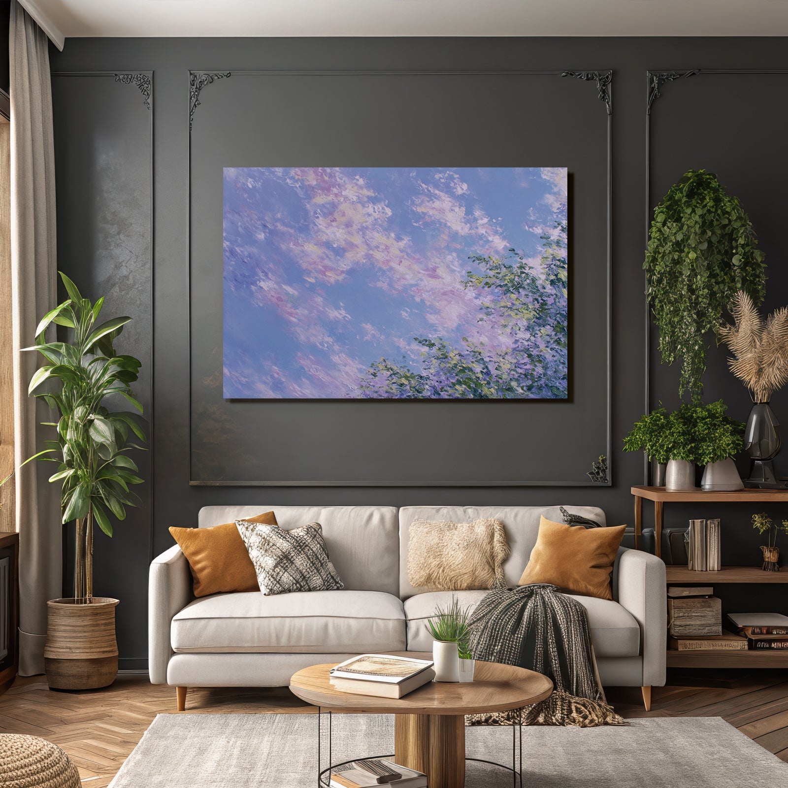 Impressionistische Landschaft Mit Zarten Pastellwolken Und Grasfläche