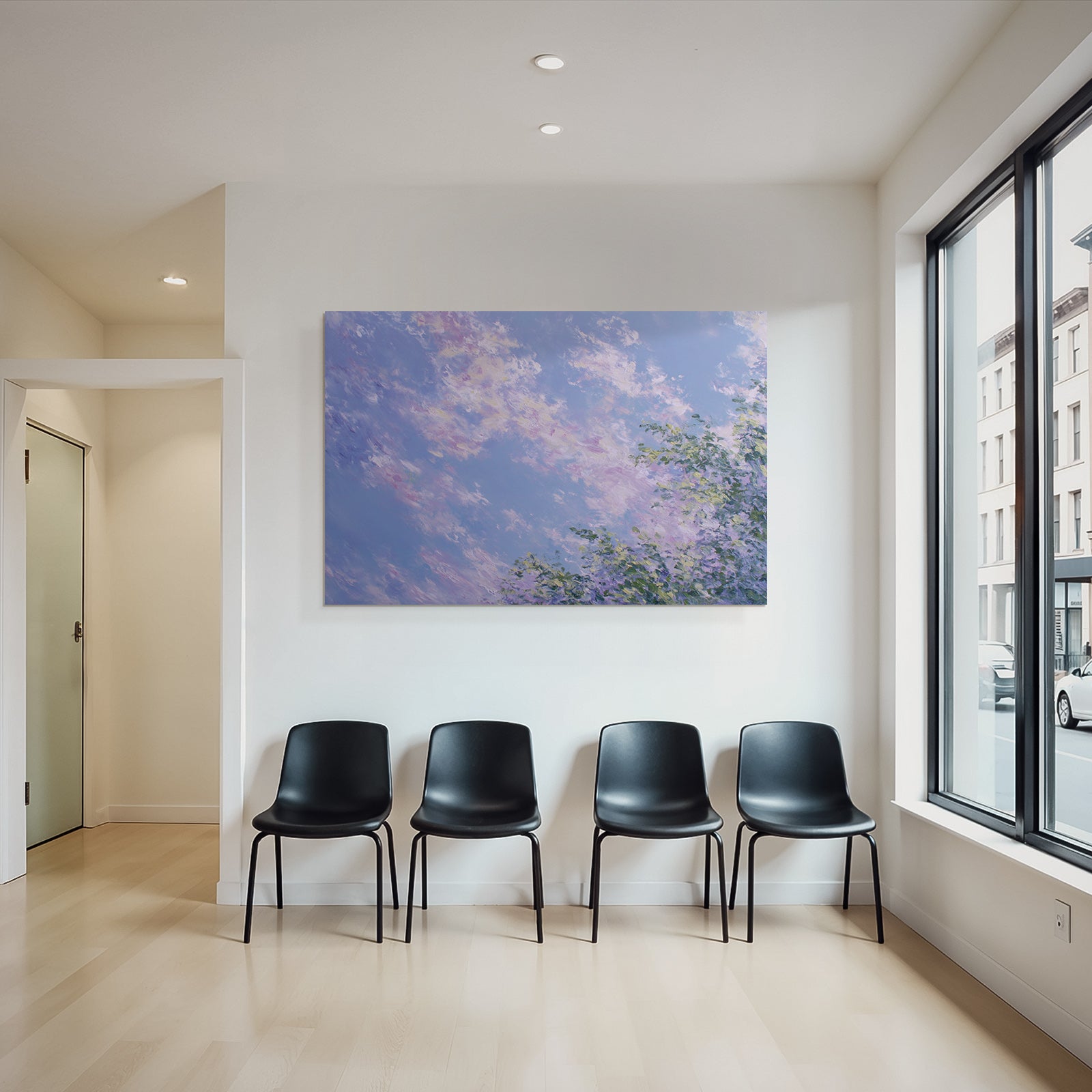 Impressionistische Landschaft Mit Zarten Pastellwolken Und Grasfläche