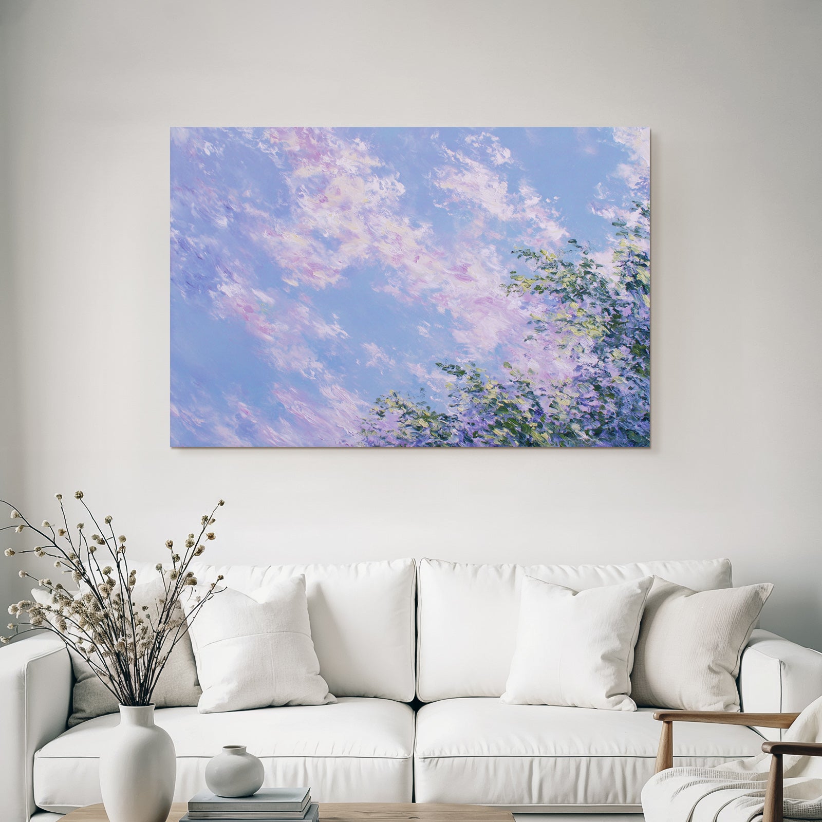 Impressionistische Landschaft Mit Zarten Pastellwolken Und Grasfläche