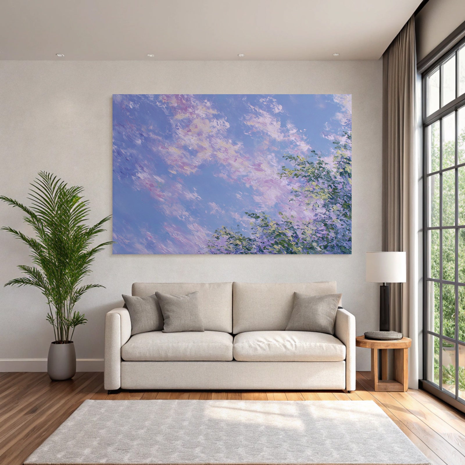 Impressionistische Landschaft Mit Zarten Pastellwolken Und Grasfläche