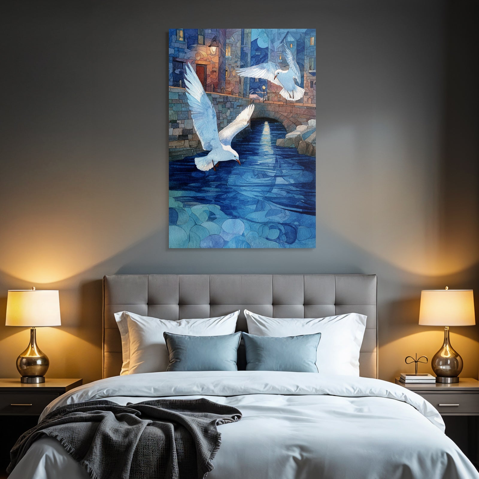Aquarellszene Brücke Über Wasser Mit Möwen