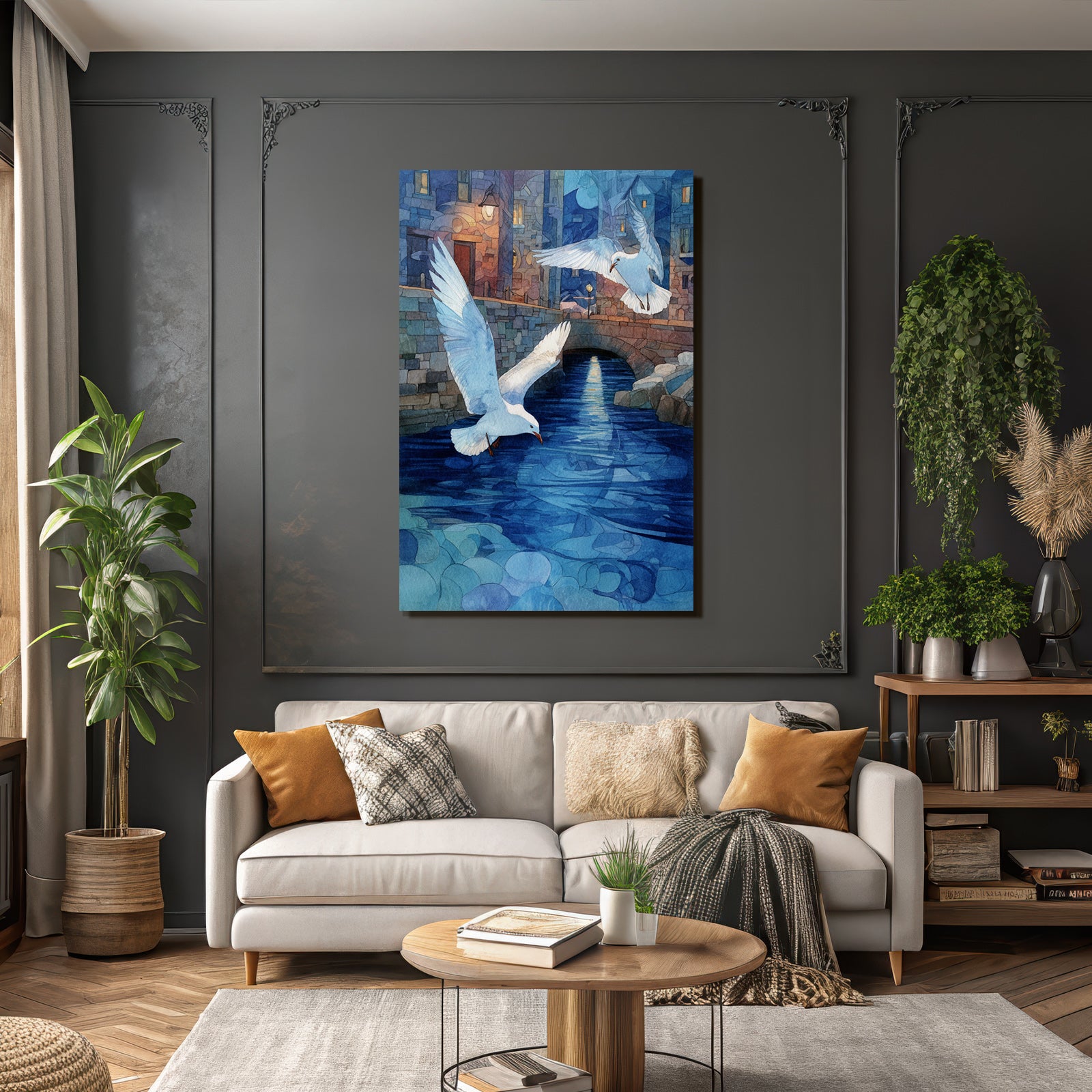 Aquarellszene Brücke Über Wasser Mit Möwen
