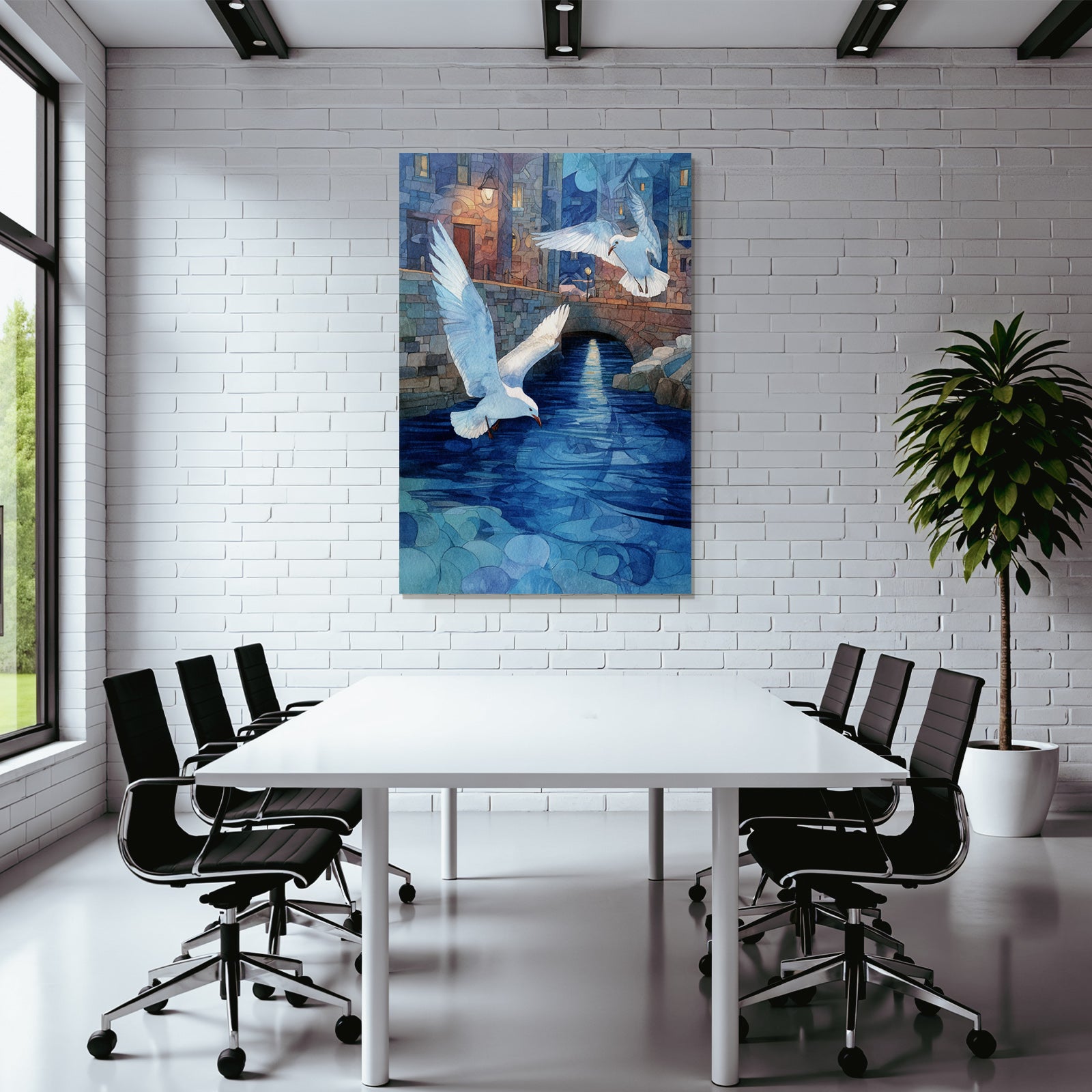 Aquarellszene Brücke Über Wasser Mit Möwen
