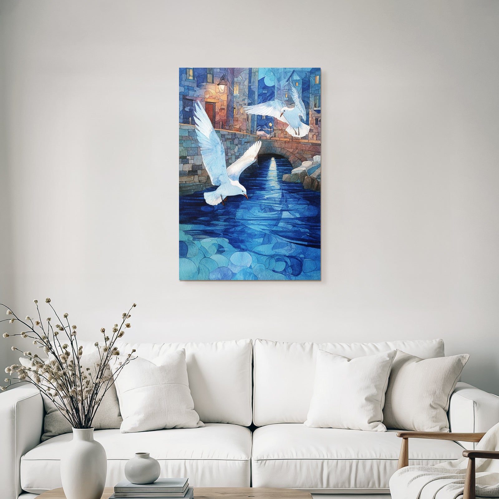 Aquarellszene Brücke Über Wasser Mit Möwen
