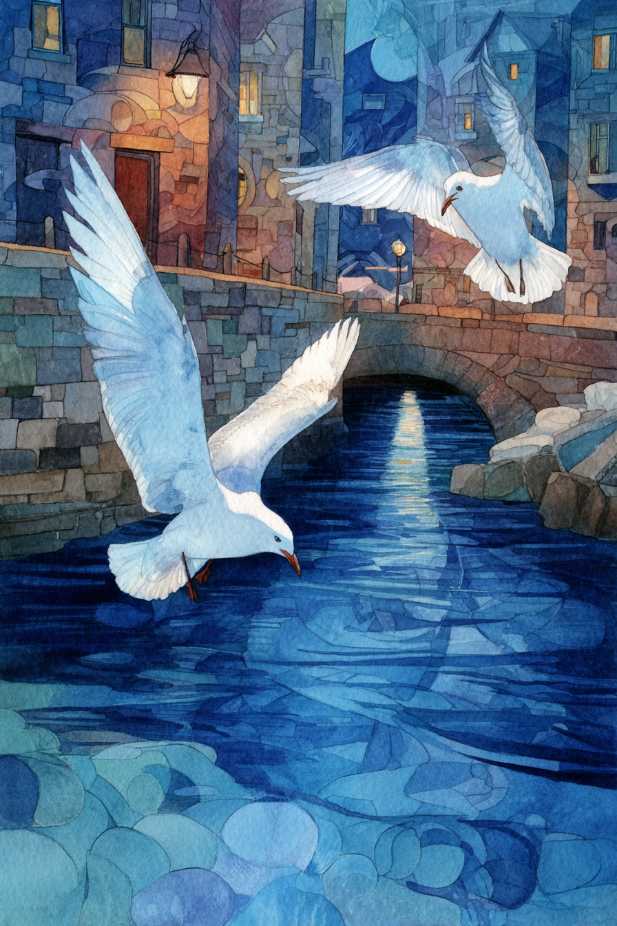 Aquarellszene Brücke Über Wasser Mit Möwen | Jugendstil | Stilrichtungen