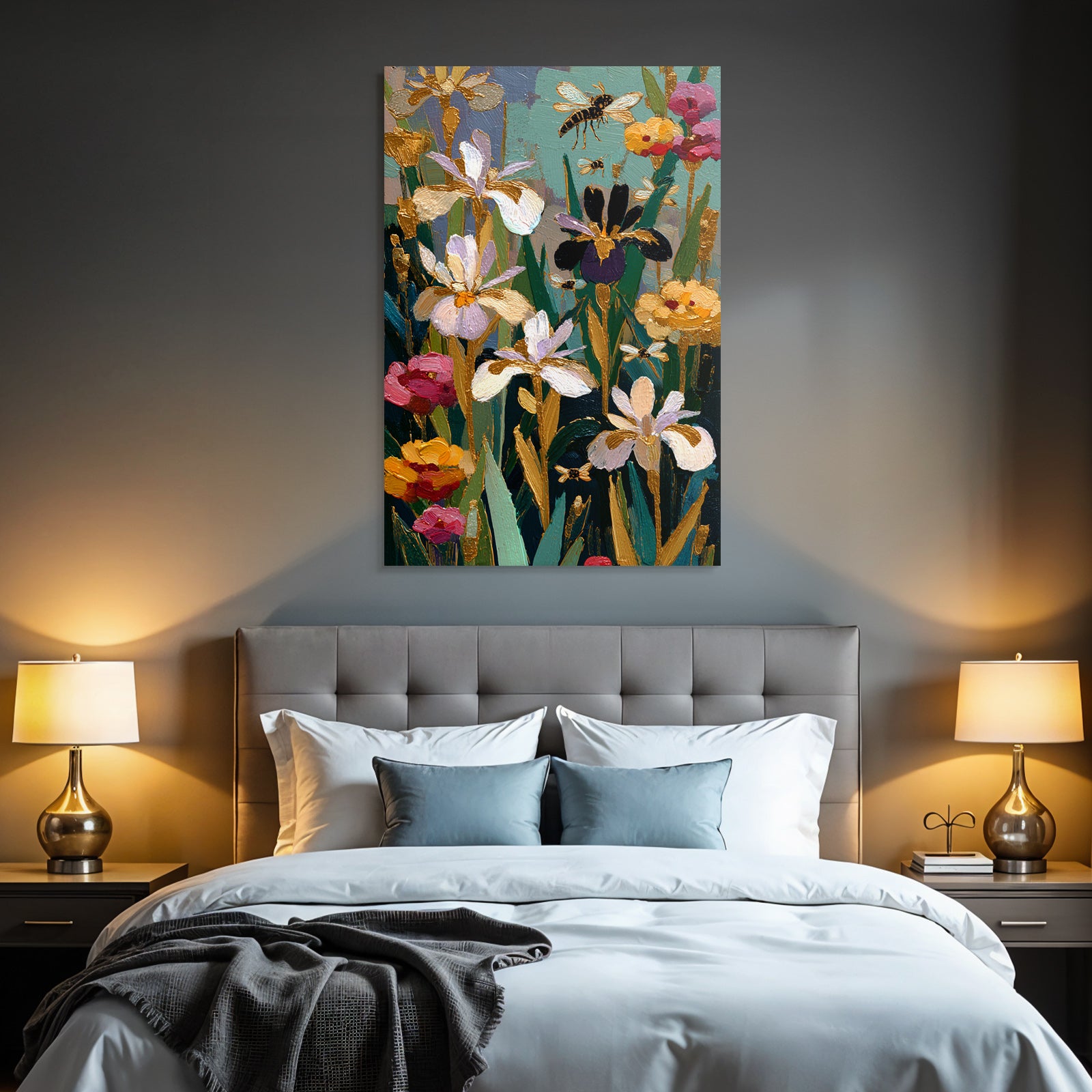 Bunte Frühlingsblüten Mit Irissen Und Bienen