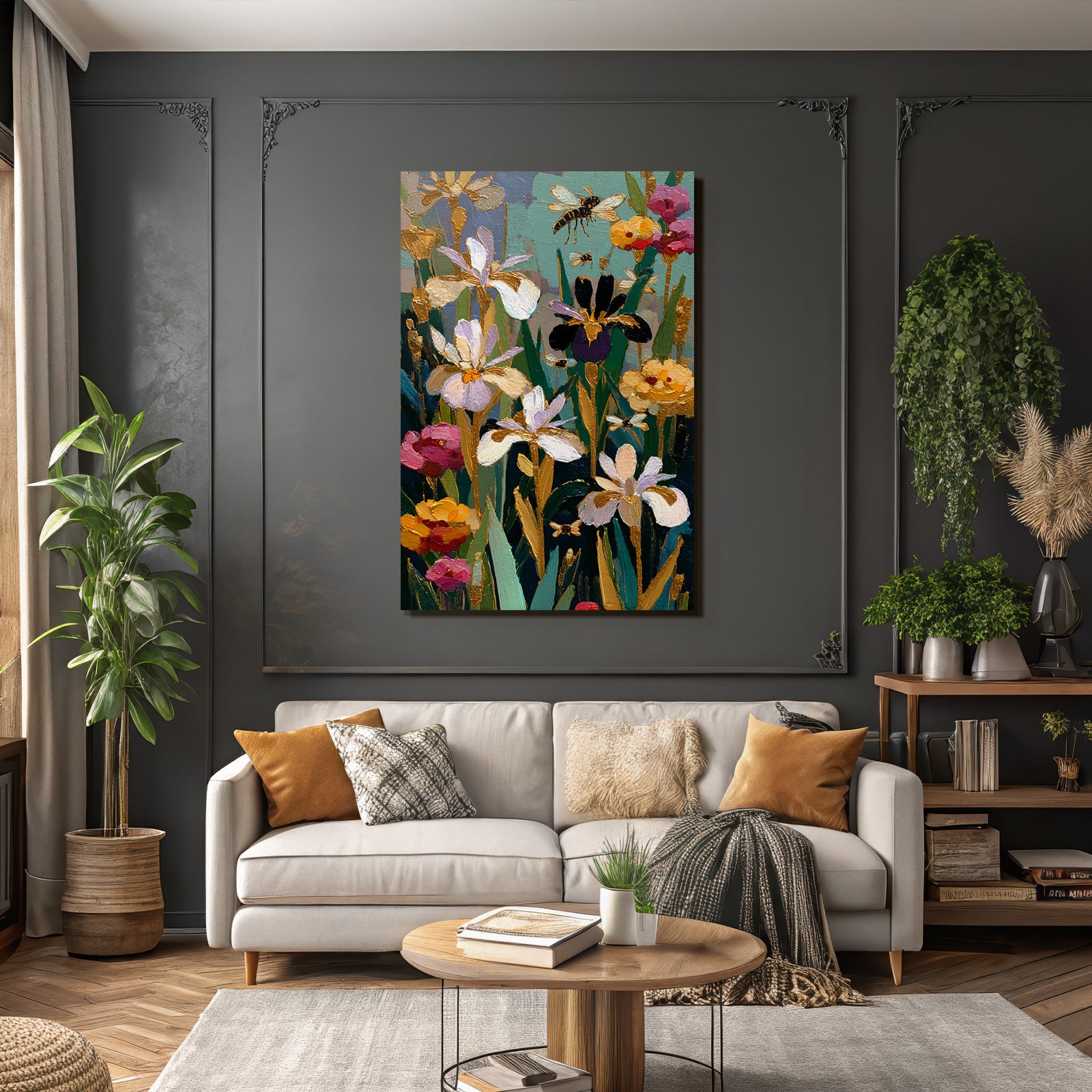Bunte Frühlingsblüten Mit Irissen Und Bienen