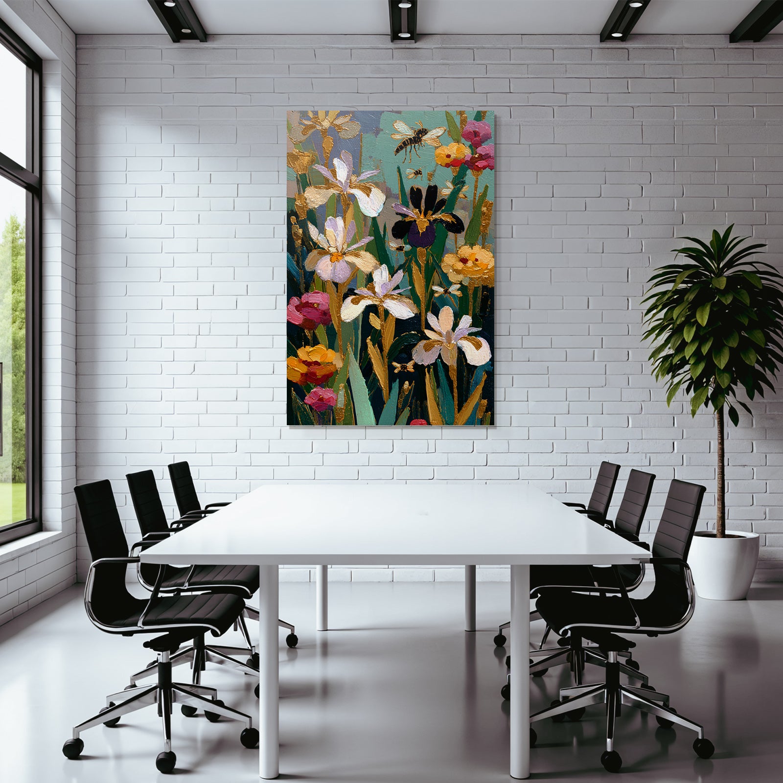 Bunte Frühlingsblüten Mit Irissen Und Bienen