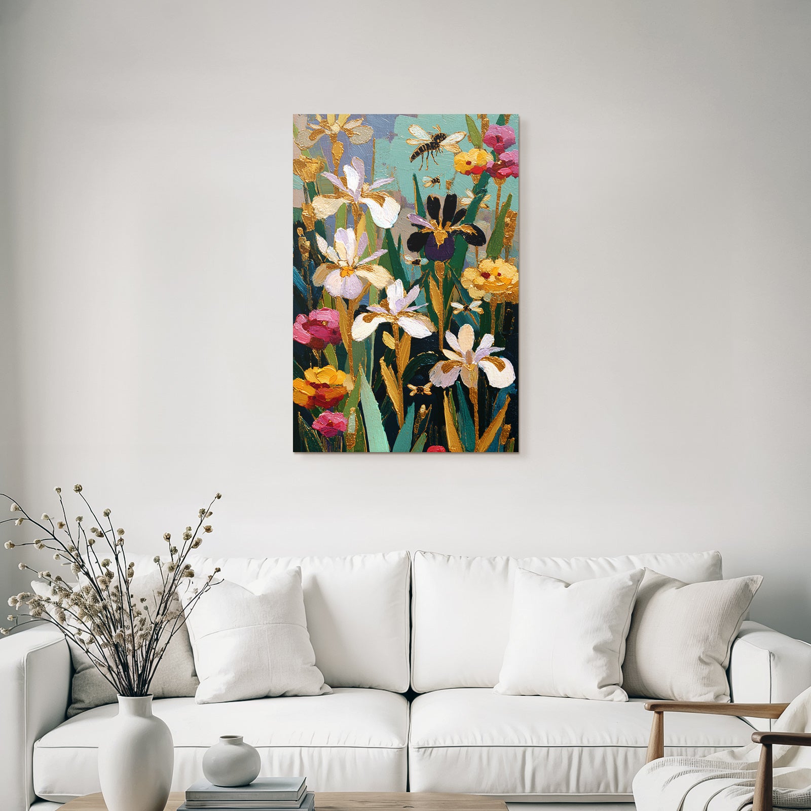 Bunte Frühlingsblüten Mit Irissen Und Bienen
