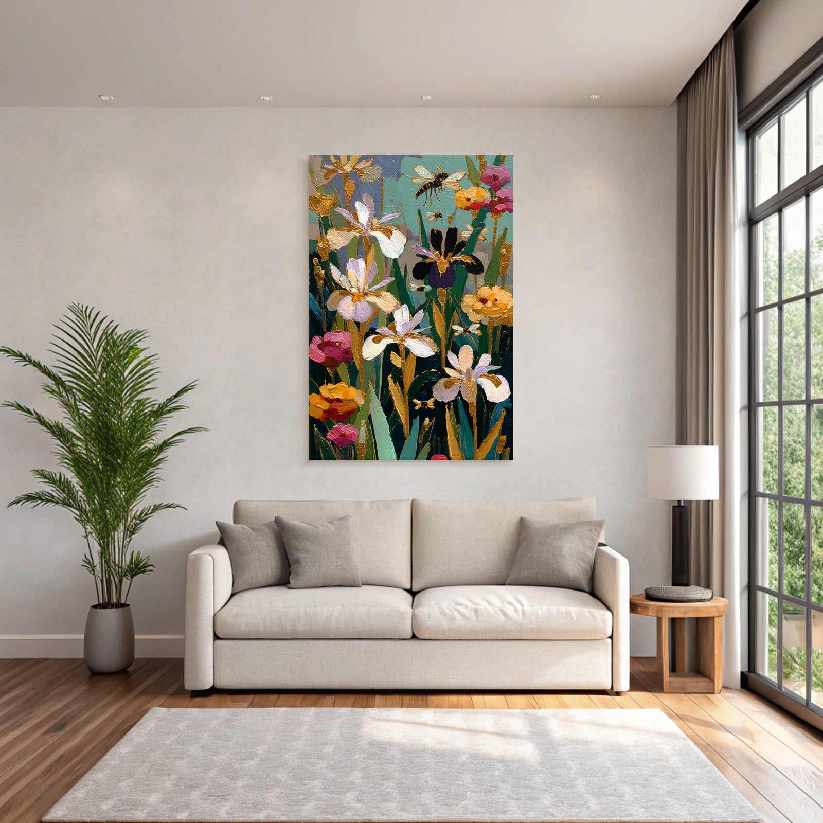 Bunte Frühlingsblüten Mit Irissen Und Bienen