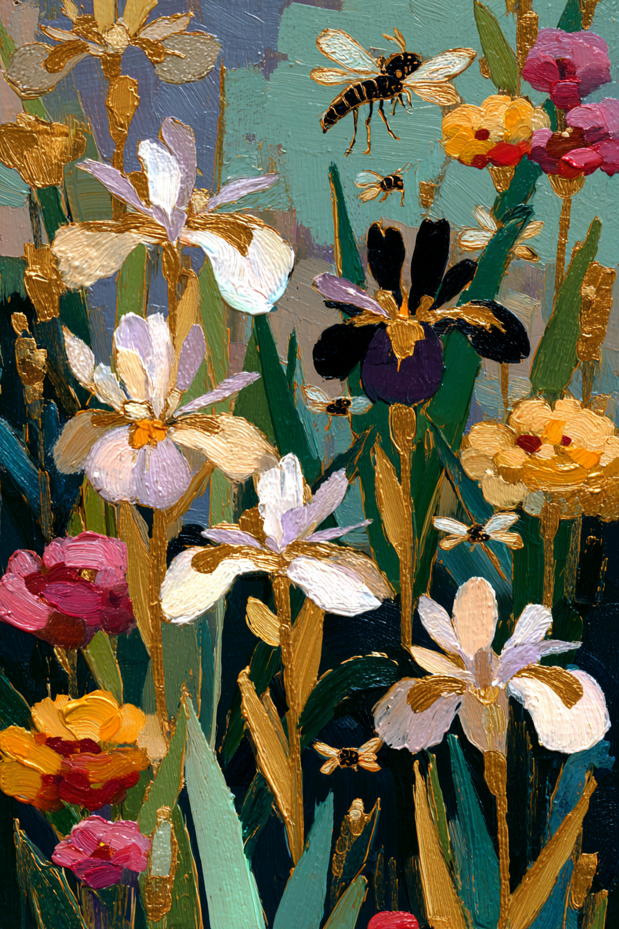 Bunte Frühlingsblüten Mit Irissen Und Bienen | Jugendstil | Stilrichtungen