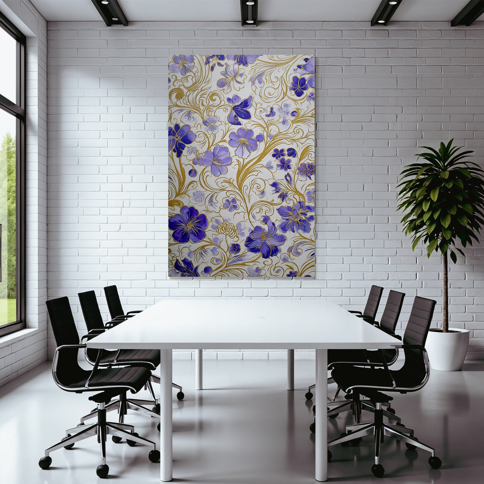 Dekoratives Blumendesign Mit Lila Blumen Und Goldenen Ranken Auf Hellem Hintergrund