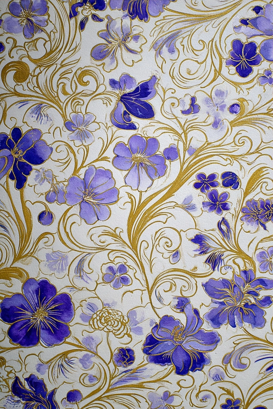 Dekoratives Blumendesign Mit Lila Blumen Und Goldenen Ranken Auf Hellem Hintergrund | Jugendstil | Stilrichtungen