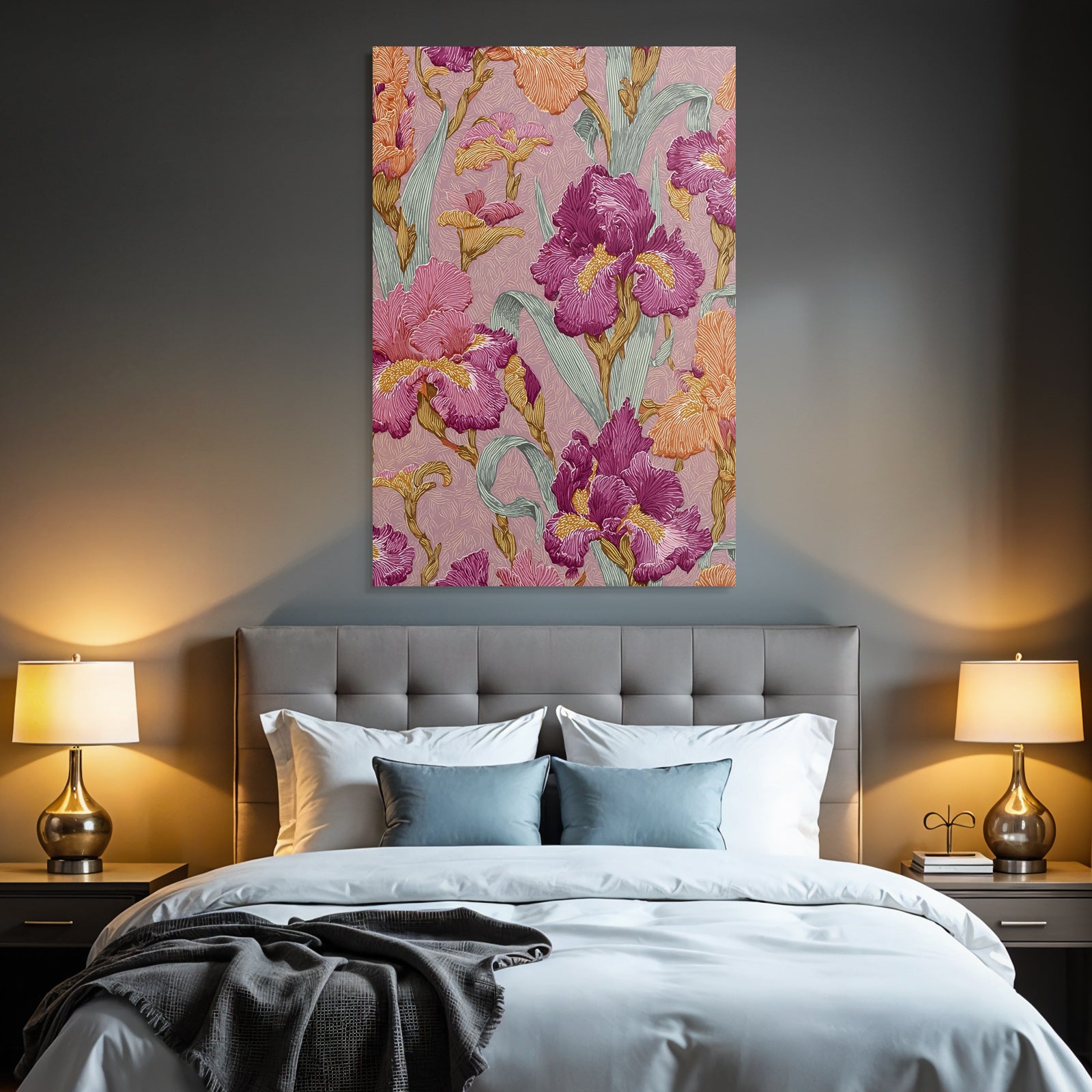 Farbenfrohes Iris Blumendesign Auf Rosafarbenem Hintergrund