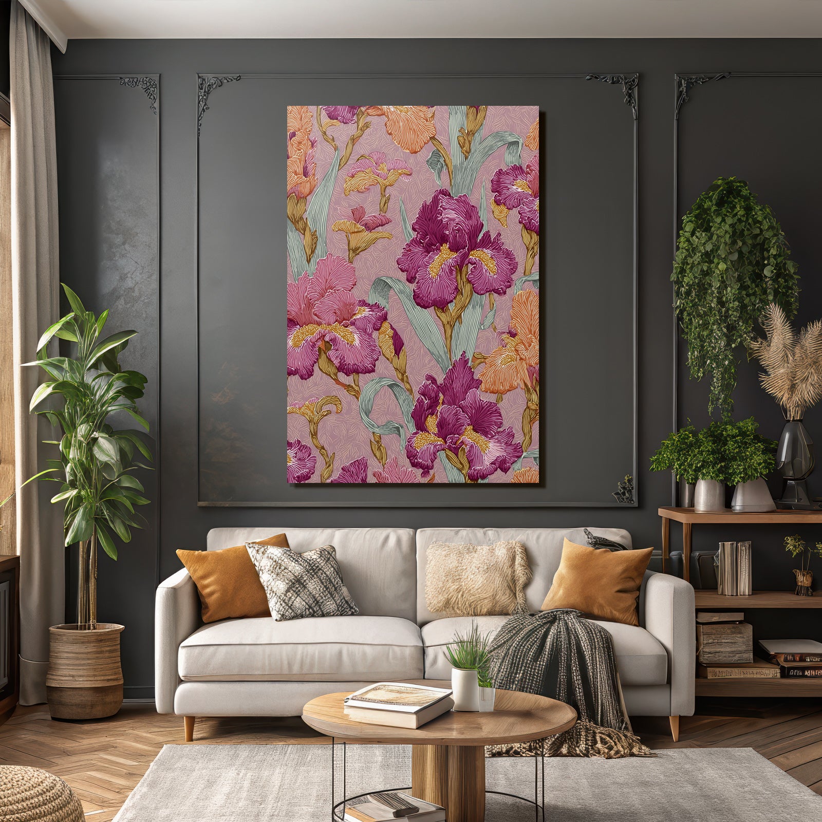 Farbenfrohes Iris Blumendesign Auf Rosafarbenem Hintergrund
