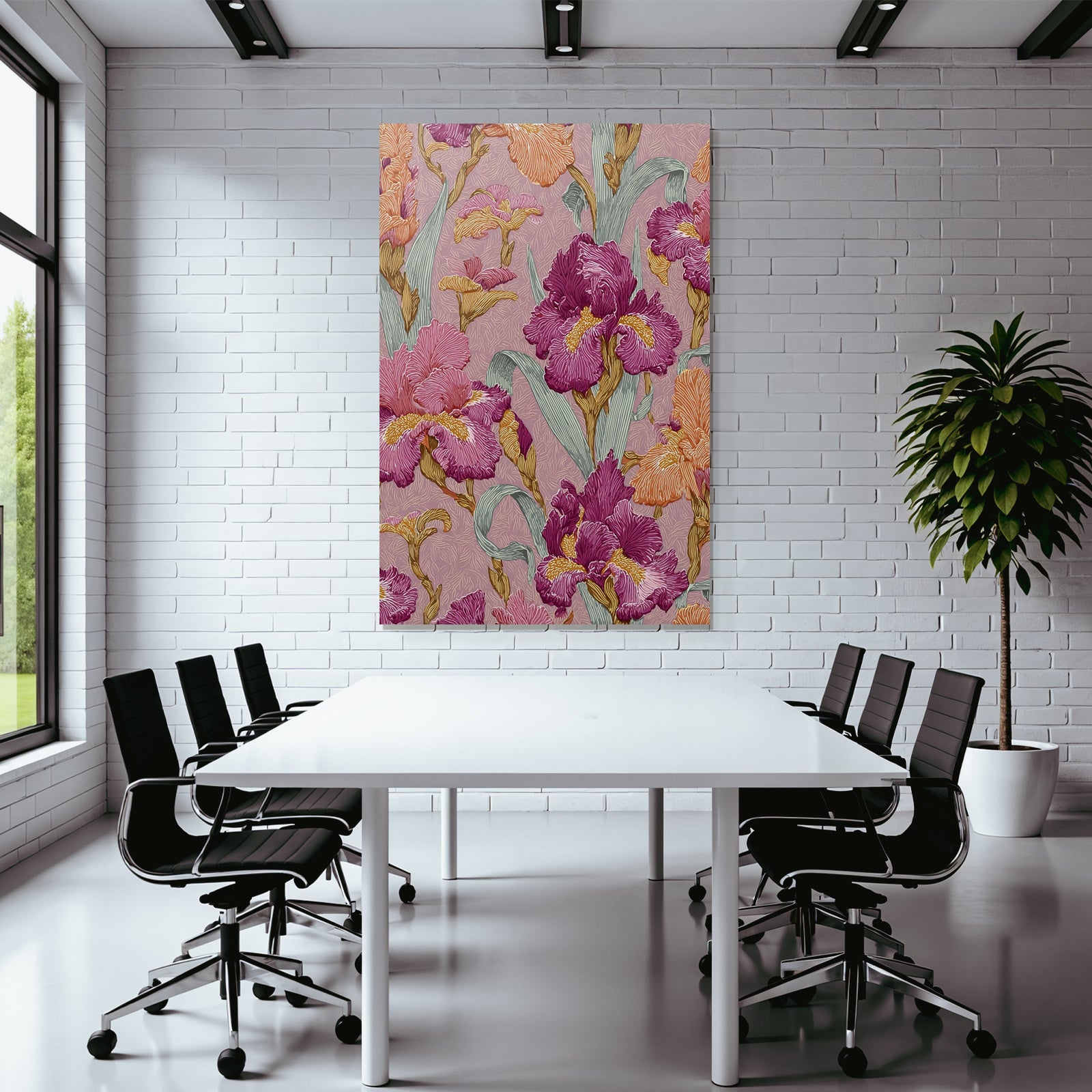 Farbenfrohes Iris Blumendesign Auf Rosafarbenem Hintergrund