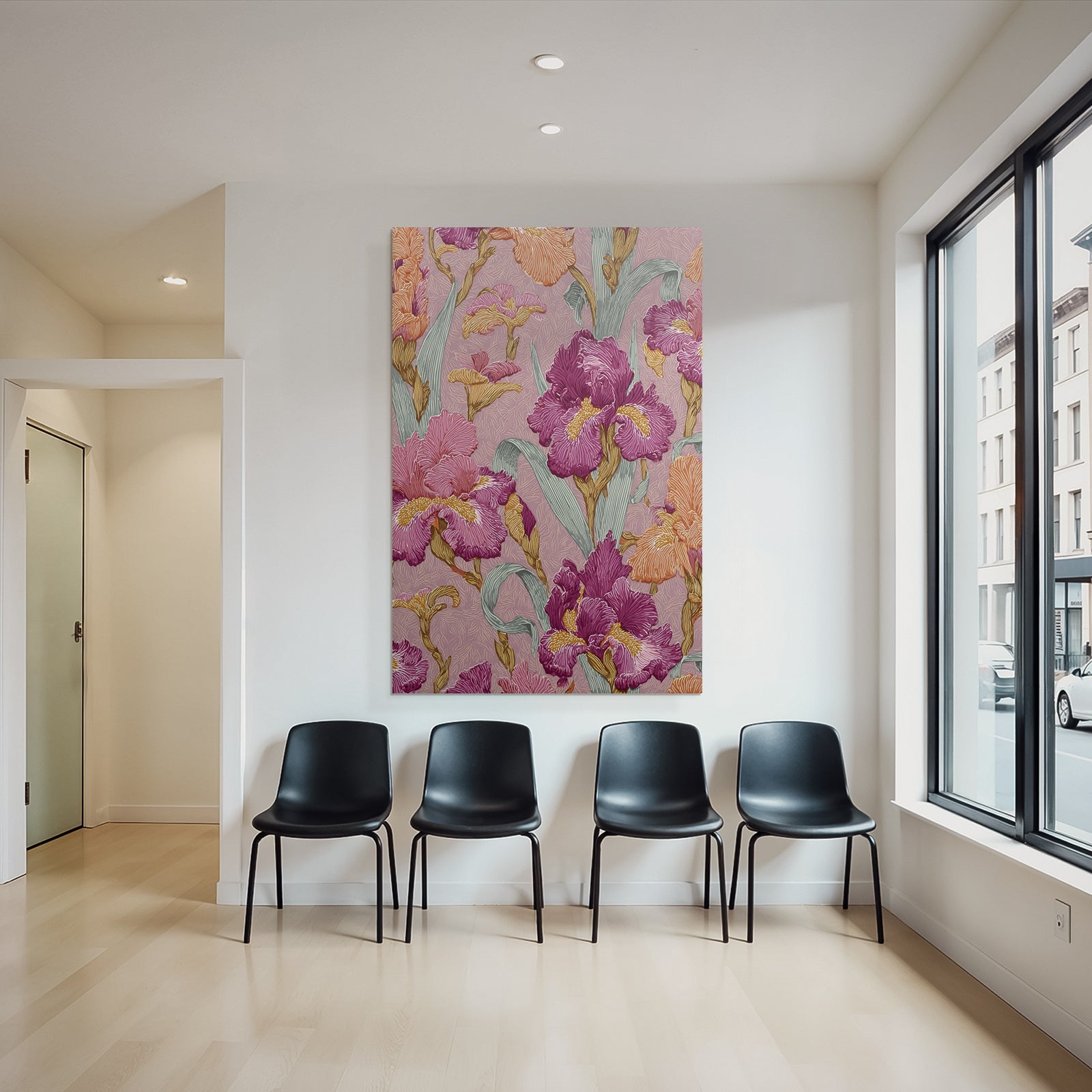 Farbenfrohes Iris Blumendesign Auf Rosafarbenem Hintergrund