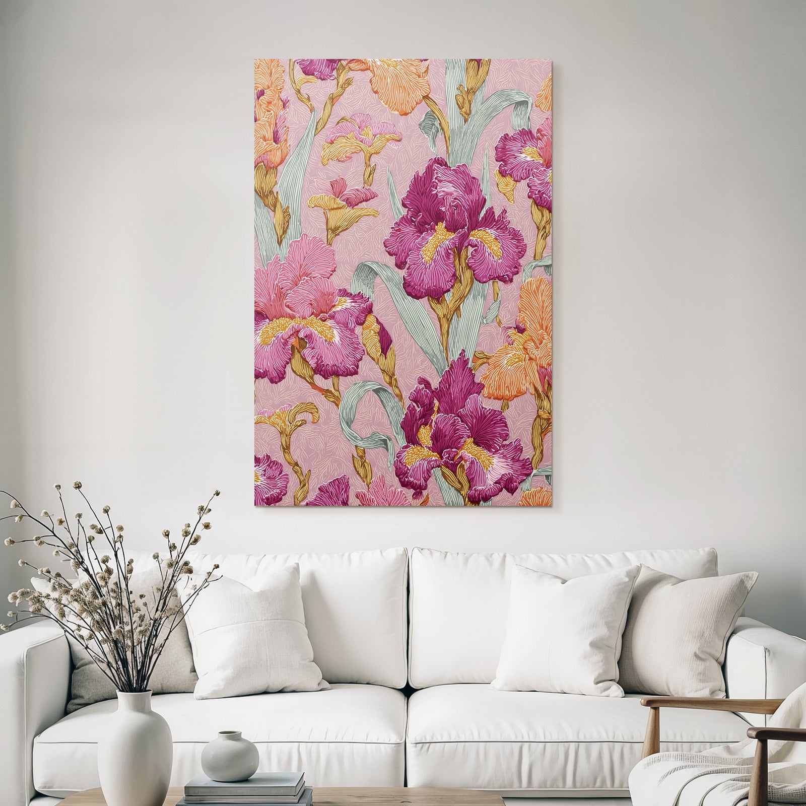 Farbenfrohes Iris Blumendesign Auf Rosafarbenem Hintergrund
