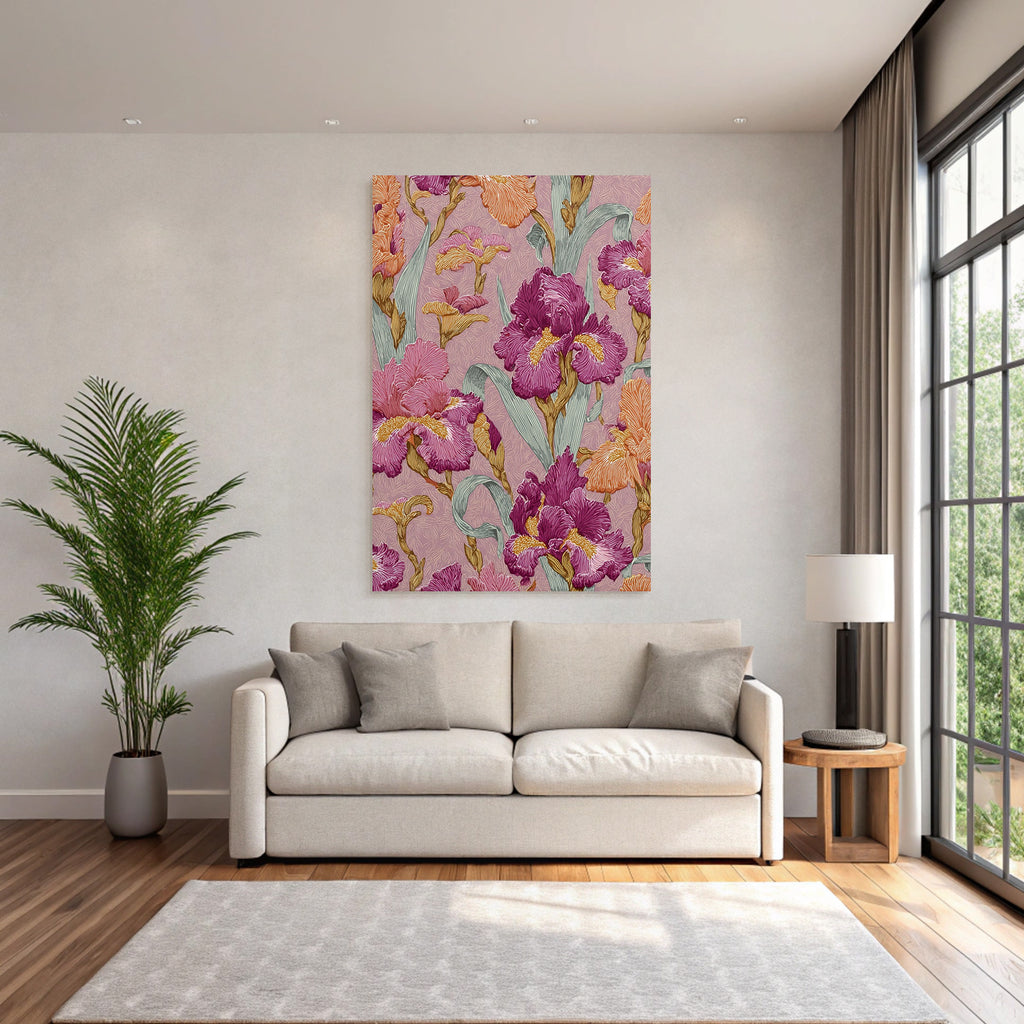 Farbenfrohes Iris Blumendesign Auf Rosafarbenem Hintergrund