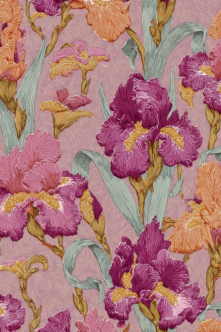 Farbenfrohes Iris Blumendesign Auf Rosafarbenem Hintergrund | Jugendstil | Stilrichtungen