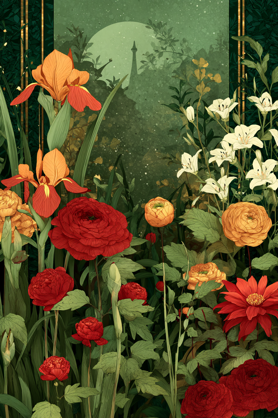 Florale Szene Mit Irisen Ranunkeln Und Lilien Im | Jugendstil | Stilrichtungen
