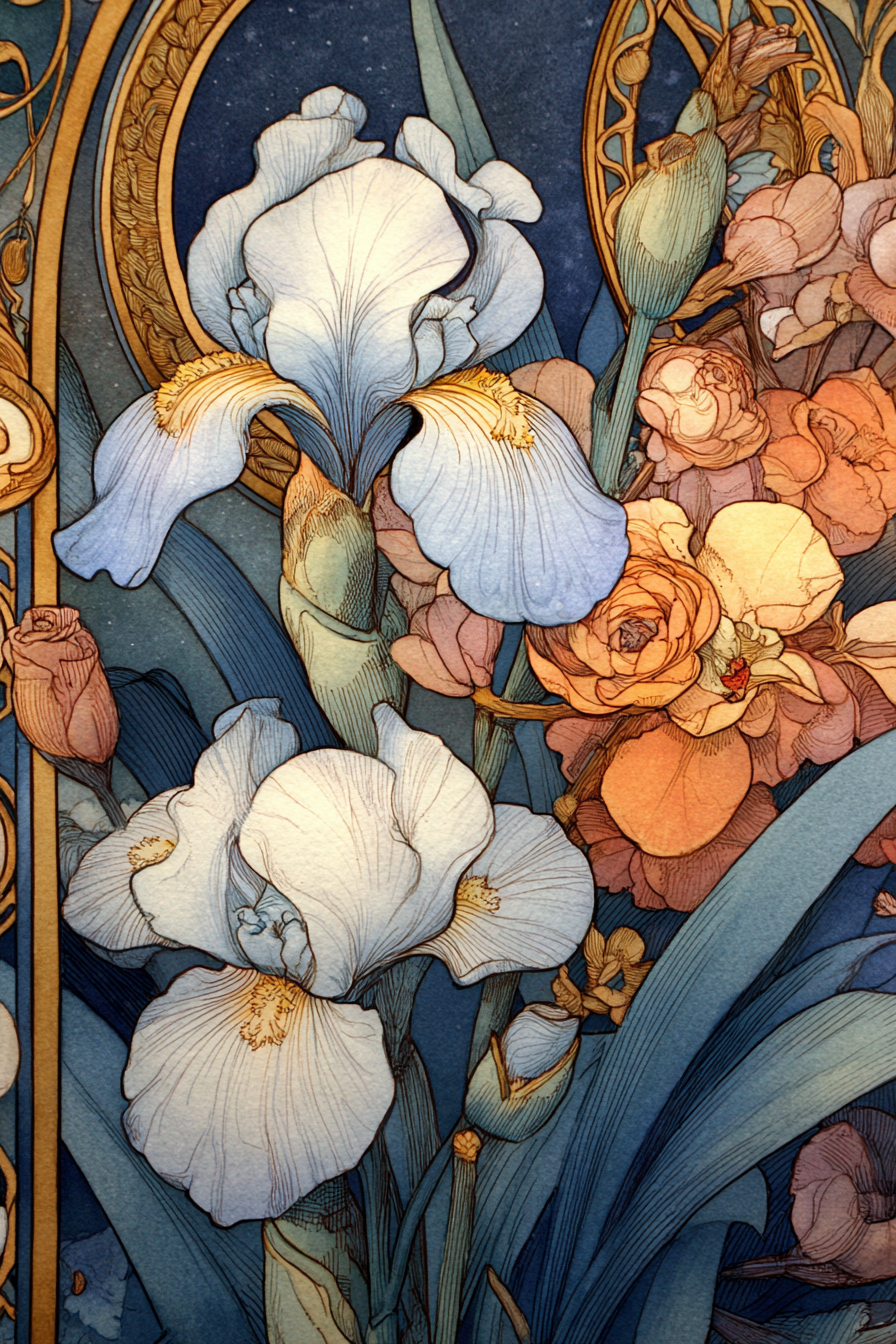 Florales Blumenmuster Im Art Nouveau Stil Mit Rosen Und Irissen | Jugendstil | Stilrichtungen
