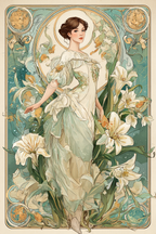 Frau Im Fliessenden Kleid Umgeben Von Lilien Im | Jugendstil | Stilrichtungen